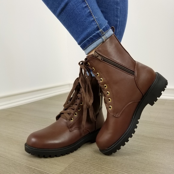 Faux leather brown laced up combat boots - Picture 3 of 8
